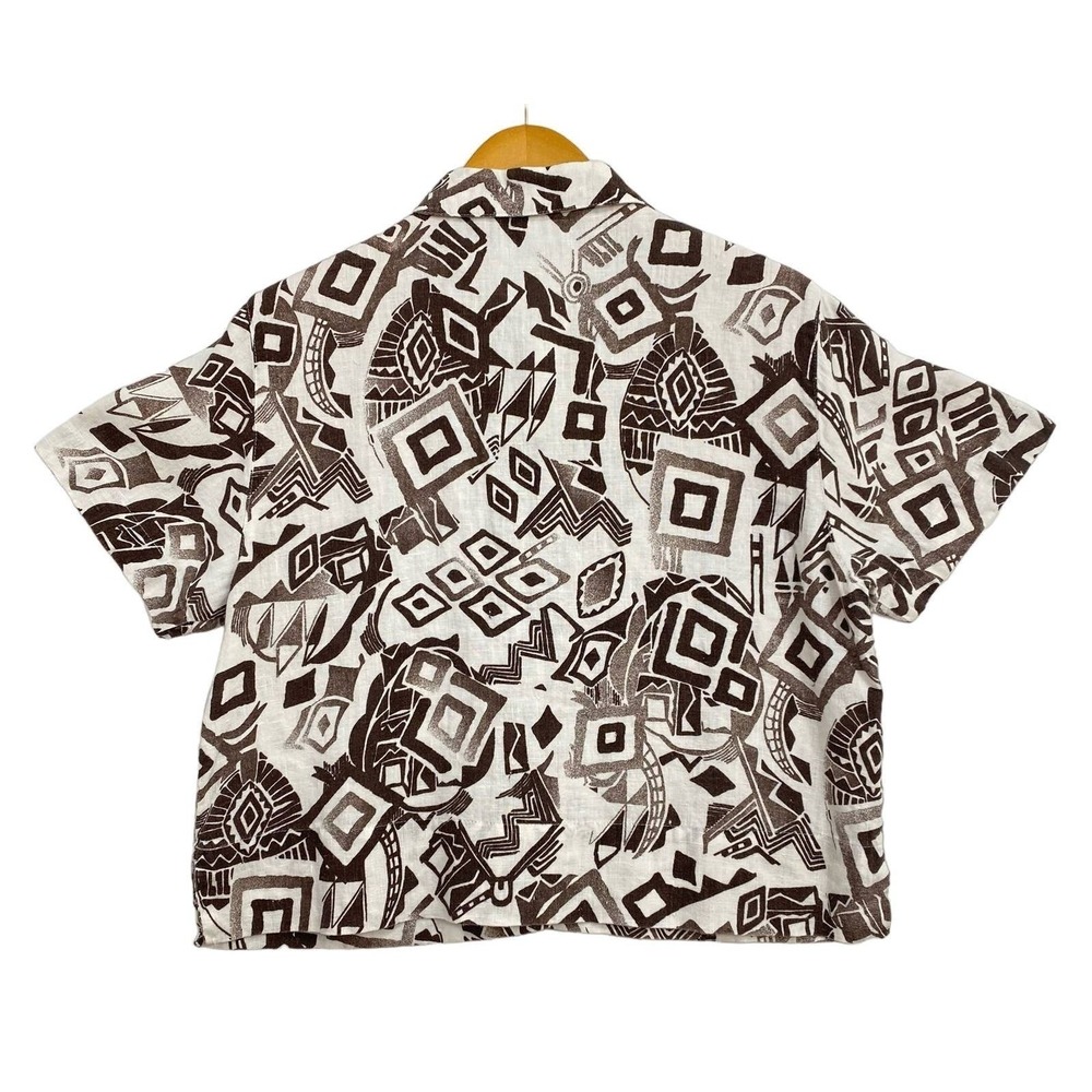 Chicos Shirt Large 2 Brown Linen Geometric Camp Top Gauze Safari Vacation Resort - Picture 2 of 9